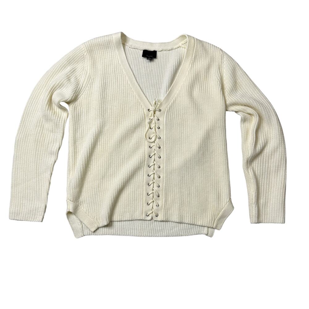 Lumiere Cream Chunky Cable Knit V-Neck Lace Up Sweater Size Medium